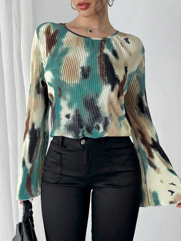 Privé Smocked Tie Dye Print Round Neck Long Sleeve Shirt