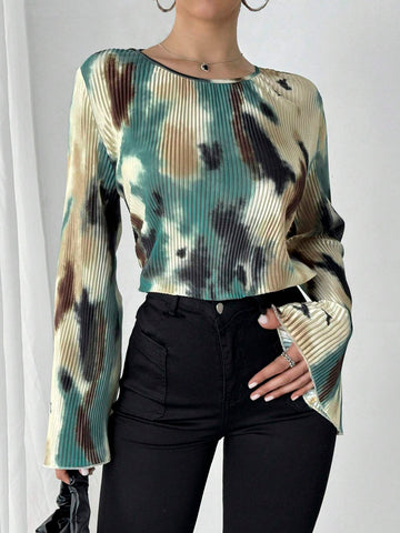 Privé Smocked Tie Dye Print Round Neck Long Sleeve Shirt