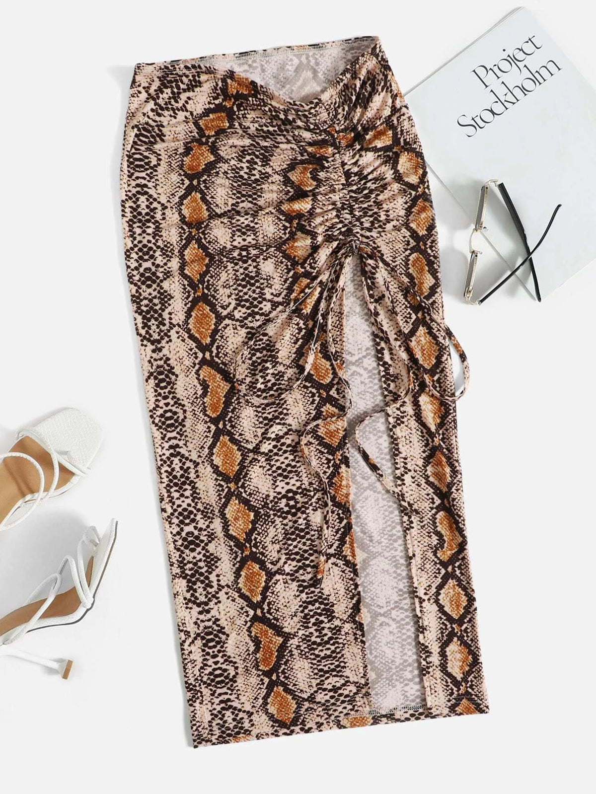 Privé Snakeskin Print Drawstring Side Split Thigh Skirt