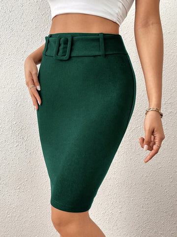 Solid Belted Bodycon Skirt