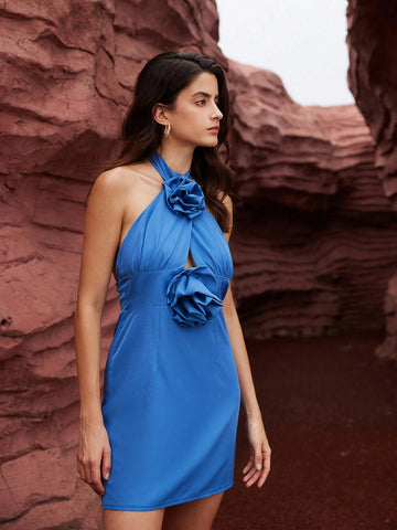 Solid Color 3D Flower Cross Neck Backless Sexy Sleeveless Dress