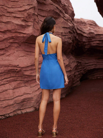 Solid Color 3D Flower Cross Neck Backless Sexy Sleeveless Dress