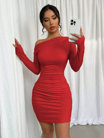 Solid Color Asymmetric Neck Ruffle Long Sleeve Dress