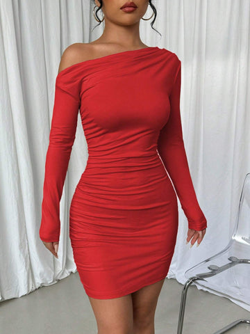 Solid Color Asymmetric Neck Ruffle Long Sleeve Dress