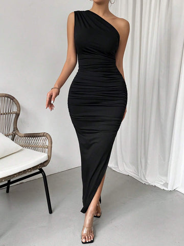 Solid Color Asymmetrical Collar Side Split Slim Fit Dress