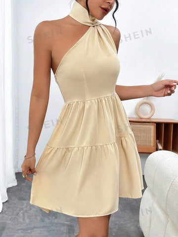 Solid Color Asymmetrical Neck Halter Dress