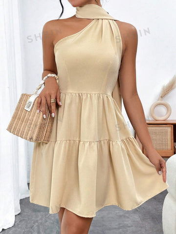 Solid Color Asymmetrical Neck Halter Dress