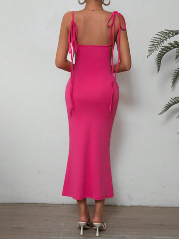Solid Color Asymmetrical Neckline Fish Tail Hem Dress