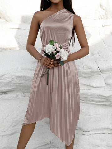 Solid Color Asymmetrical Neckline Pleated Dress