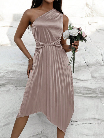 Solid Color Asymmetrical Neckline Pleated Dress