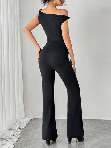 Solid Color Asymmetrical Neckline Sleeveless Jumpsuit