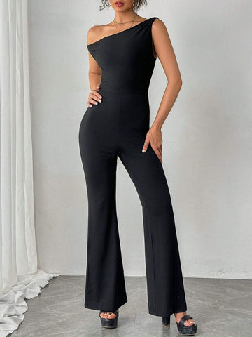 Solid Color Asymmetrical Neckline Sleeveless Jumpsuit