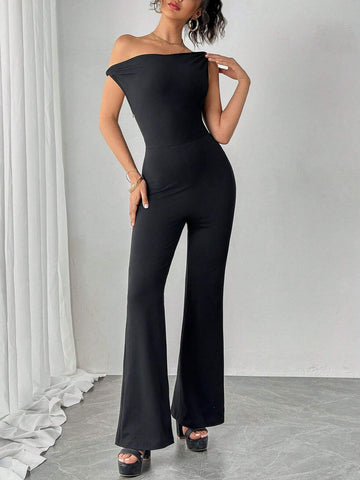 Solid Color Asymmetrical Neckline Sleeveless Jumpsuit