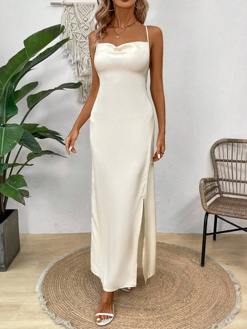 Solid Color Backless Tie-Back Cami Split Dress