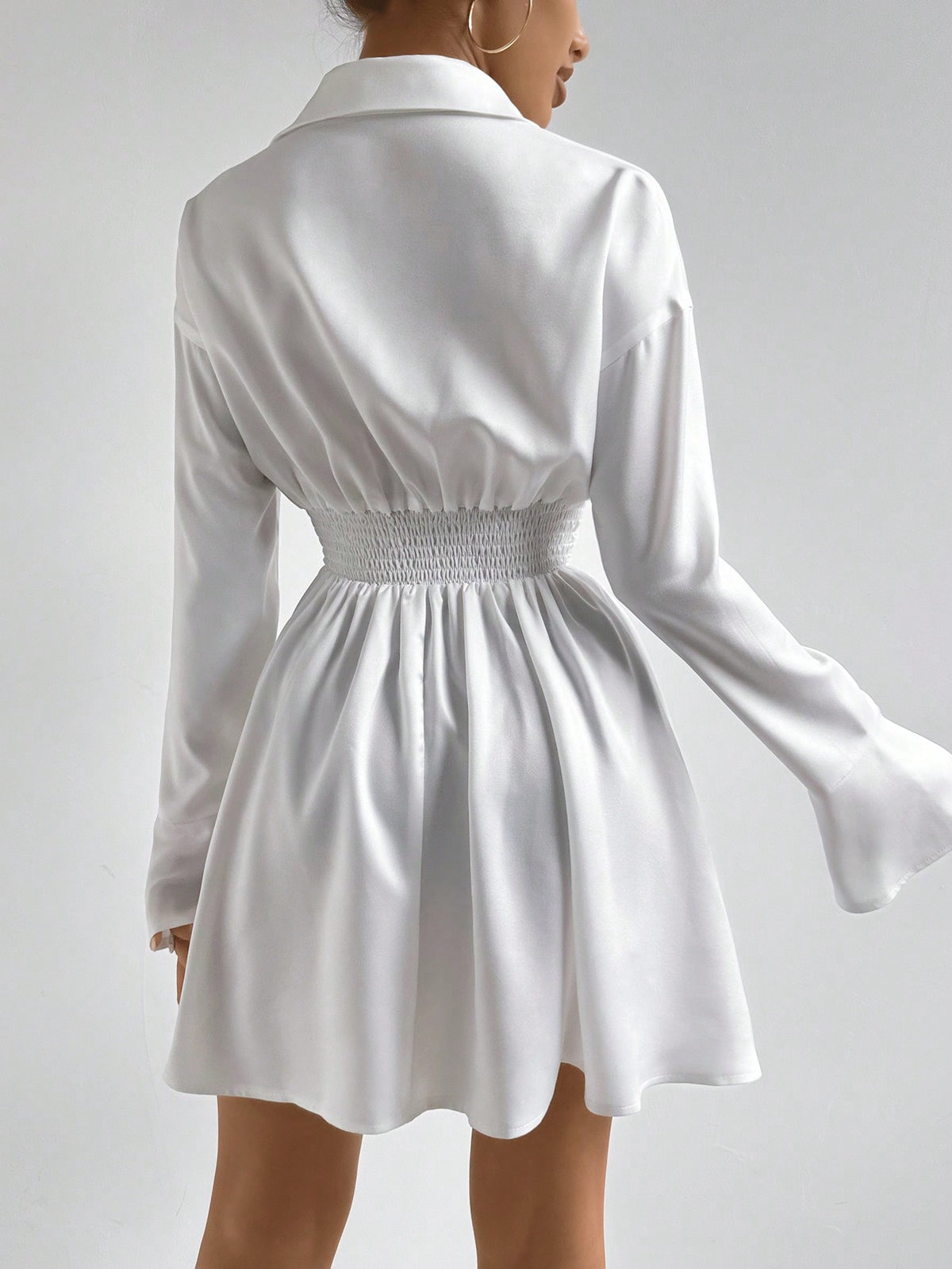 Solid Color Bell Sleeve Waist-Cinching Dress