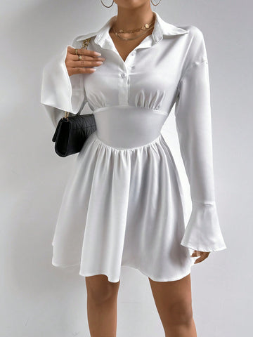 Solid Color Bell Sleeve Waist-Cinching Dress
