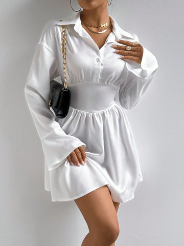 Solid Color Bell Sleeve Waist-Cinching Dress