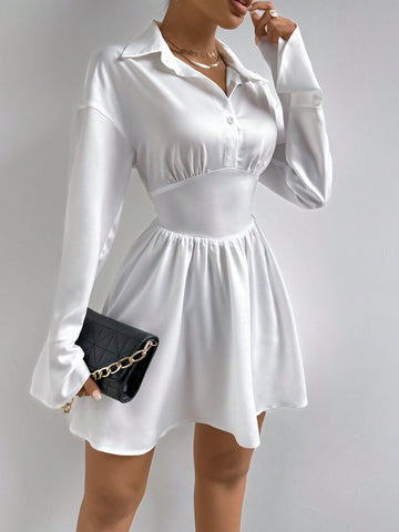 Solid Color Bell Sleeve Waist-Cinching Dress