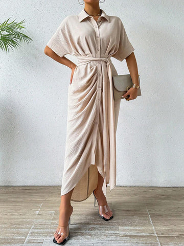 Solid Color Buttoned Batwing Sleeve Pleated Dress