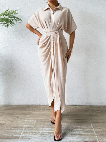 Solid Color Buttoned Batwing Sleeve Pleated Dress