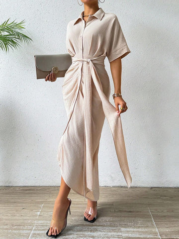 Solid Color Buttoned Batwing Sleeve Pleated Dress