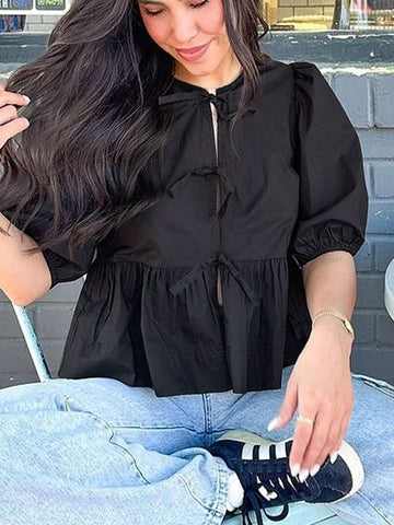 Privé Solid Color Casual Pleated Lapel Tie-Front Puff Sleeve Women's Shirt