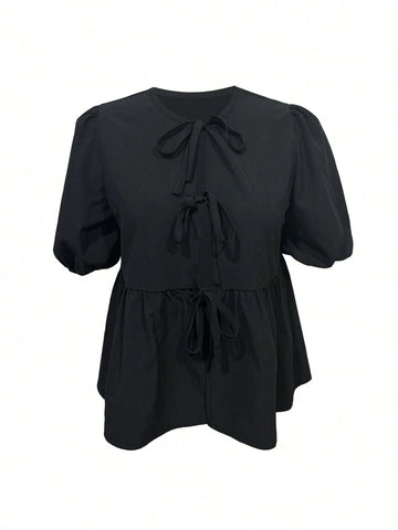 Privé Solid Color Casual Pleated Lapel Tie-Front Puff Sleeve Women's Shirt