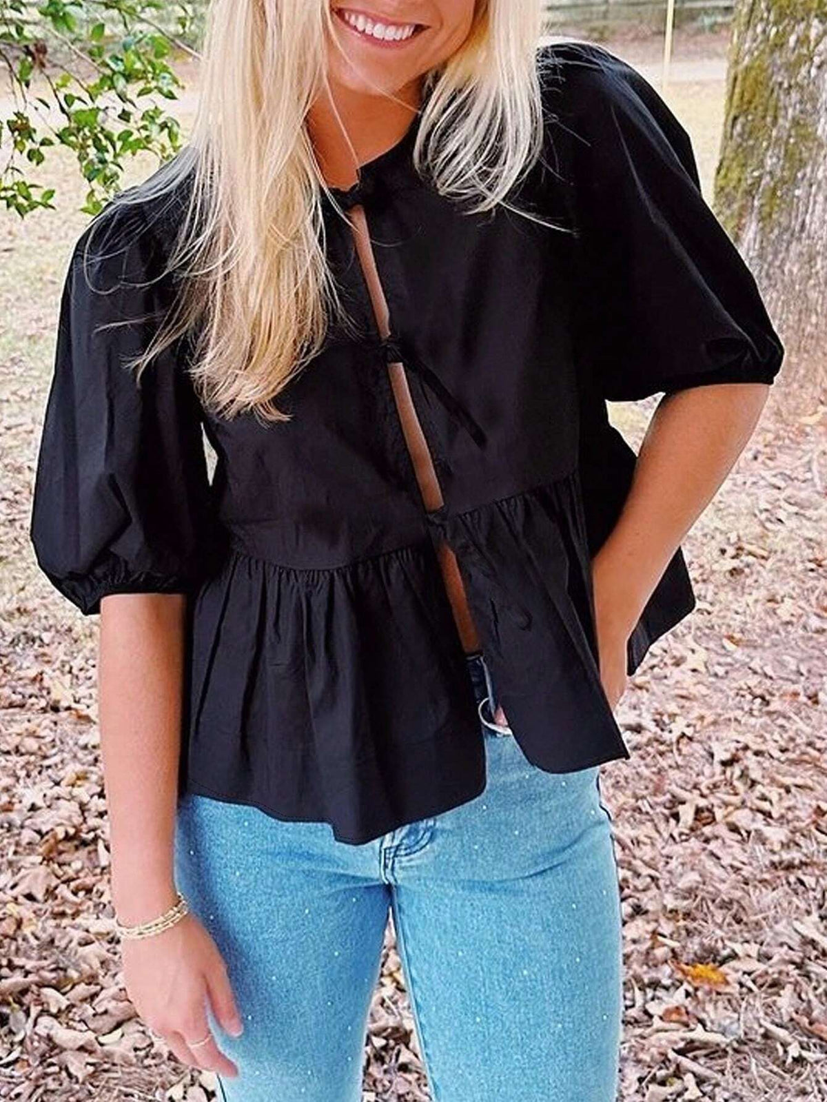 Privé Solid Color Casual Pleated Lapel Tie-Front Puff Sleeve Women's Shirt