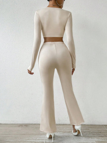 Solid Color Halter Crop Top And Flared Pants Two-piece Set
