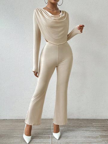 Solid Color Halter Crop Top And Flared Pants Two-piece Set