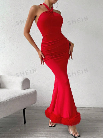 Solid Color Halter Neck Backless Fish Tail Hem Maxi Dress