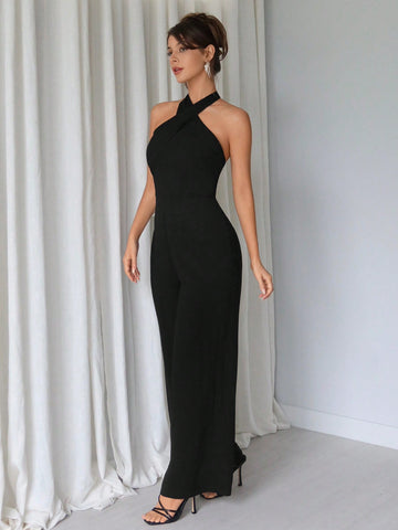 Solid Color Halter Neck Jumpsuit For Women
