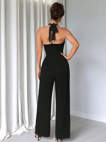 Solid Color Halter Neck Jumpsuit For Women