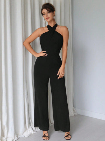 Solid Color Halter Neck Jumpsuit For Women
