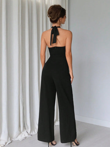 Solid Color Halter Neck Jumpsuit For Women