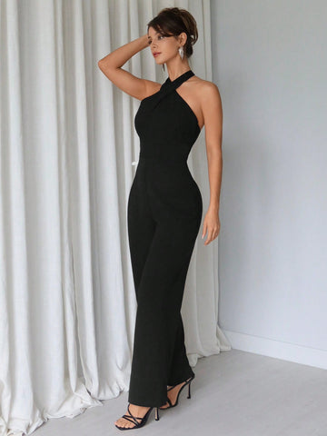 Solid Color Halter Neck Jumpsuit For Women