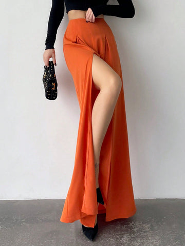 Privé Solid Color High Slit Skirt Pants Trousers