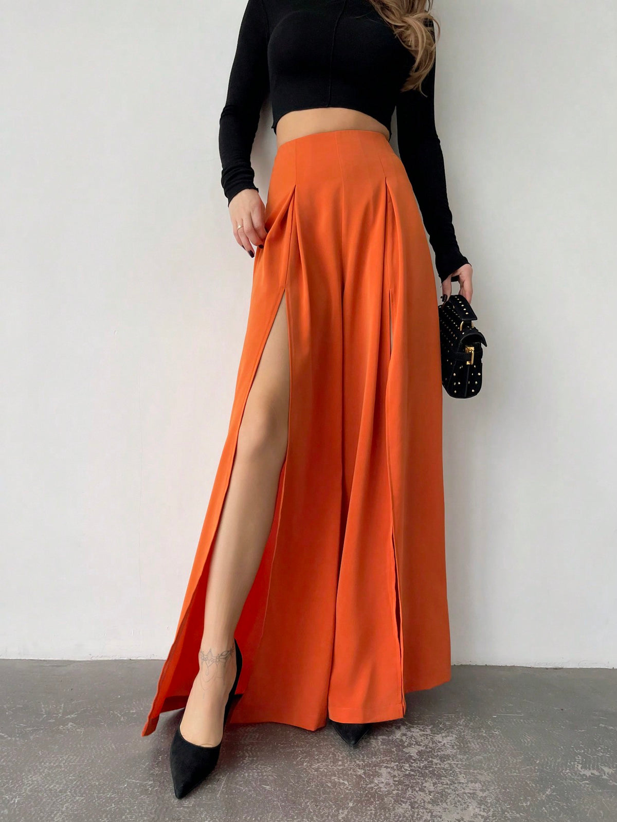Privé Solid Color High Slit Skirt Pants Trousers