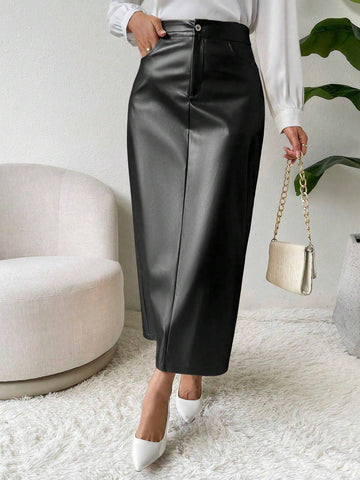 Solid Color High Waist Faux Leather Skirt