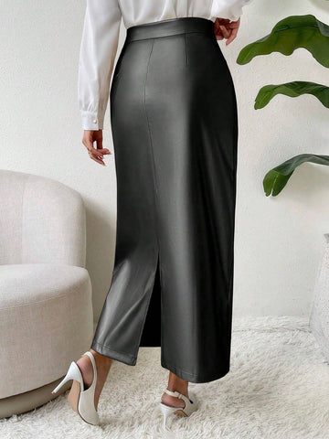 Solid Color High Waist Faux Leather Skirt