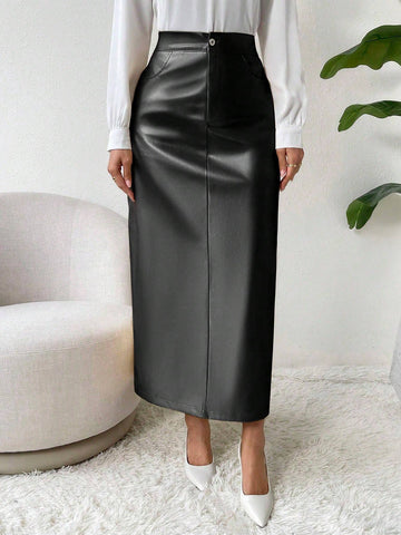 Solid Color High Waist Faux Leather Skirt