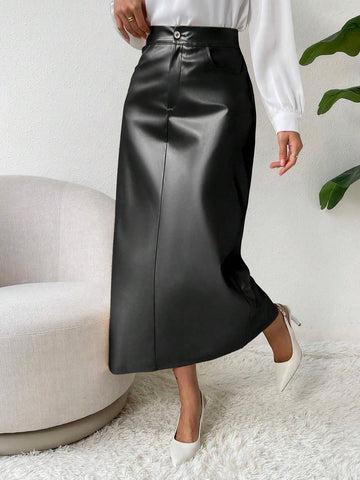 Solid Color High Waist Faux Leather Skirt