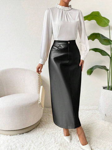 Solid Color High Waist Faux Leather Skirt