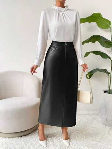 Solid Color High Waist Faux Leather Skirt