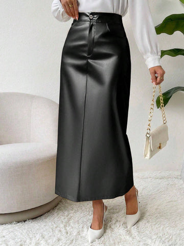 Solid Color High Waist Faux Leather Skirt