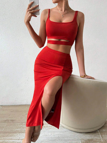 Solid Color Hollow Out Crop Top & High Split Skirt Slim Fit 2-Piece Set