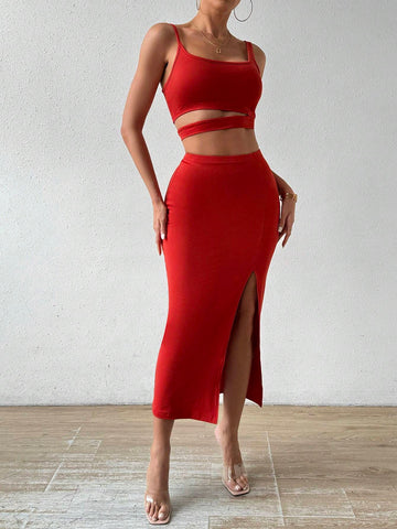 Solid Color Hollow Out Crop Top & High Split Skirt Slim Fit 2-Piece Set