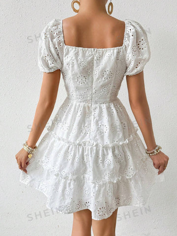 Solid Color Hollow Out Embroidery Bubble Sleeve Dress