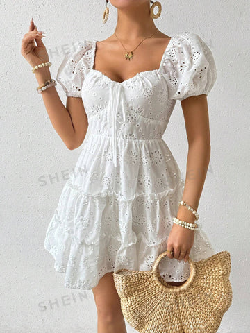 Solid Color Hollow Out Embroidery Bubble Sleeve Dress