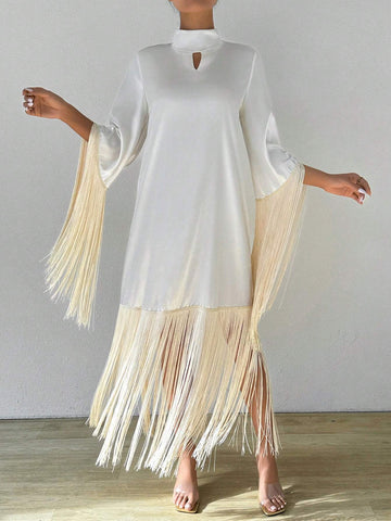 Solid Color Keyhole Neck Hollow Out Lace Tassels Hem Conservative Summer Dress